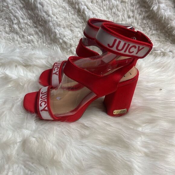 Juicy Couture Glisten fabric Red and white platform ankle strap  heels SZ8.5 M - Picture 1 of 14